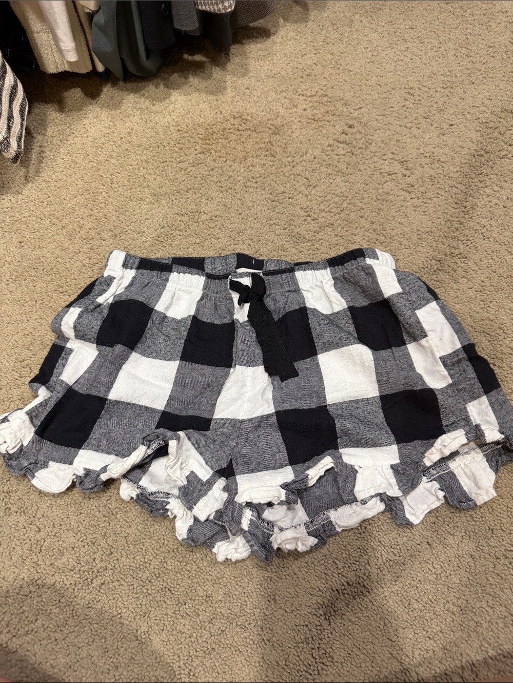 LOFT Black and White Buffalo Plaid Ruffle-Hem High-Waist Shorts